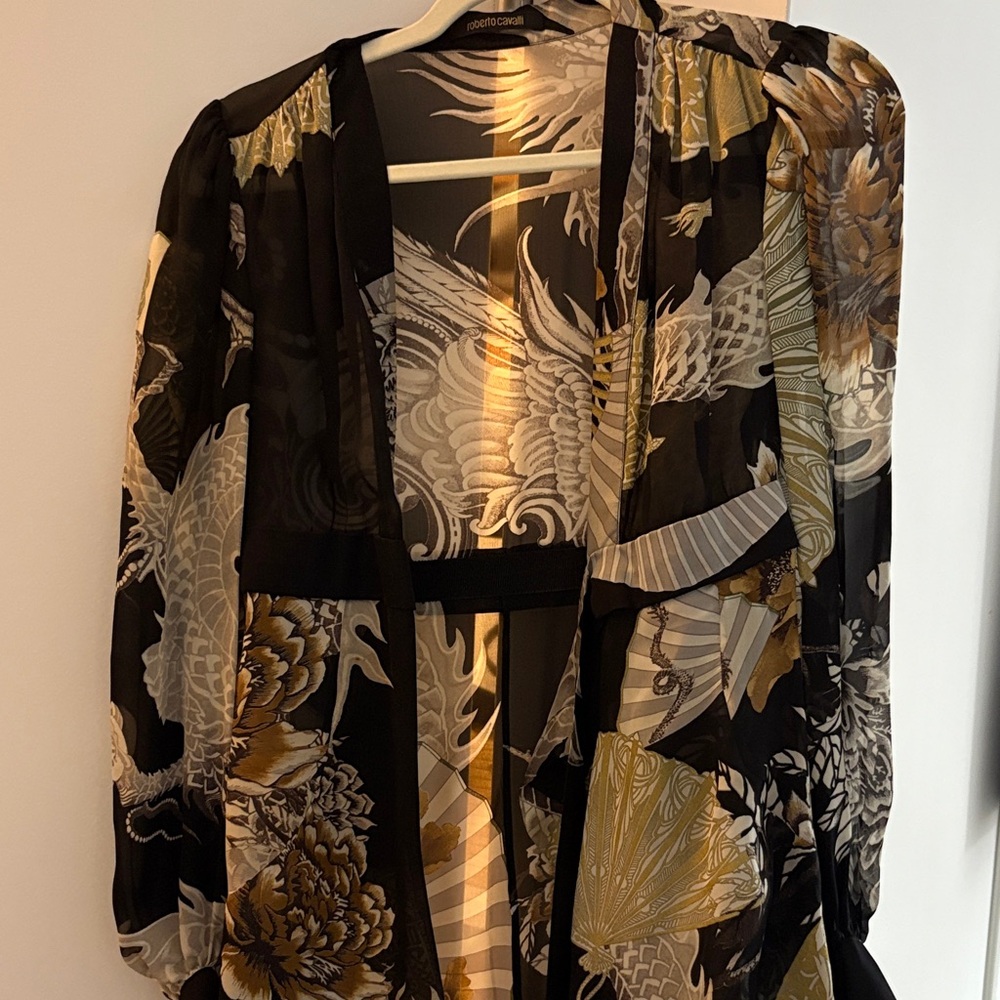 Roberto Cavalli Black and Gold Sheer Kimono Cardigan